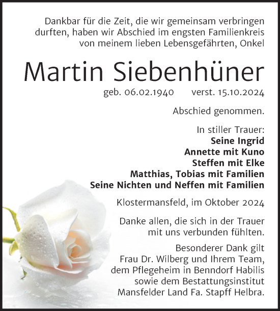 Traueranzeige von Martin Siebenhüner von Trauerkombi Mansfelder Land