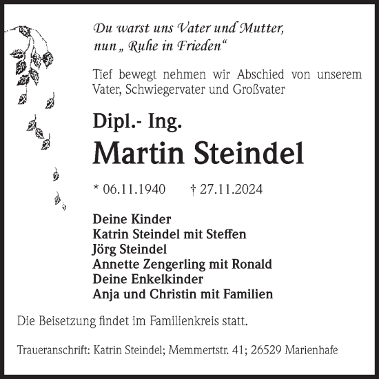 Traueranzeige von Martin Steindel von Volksstimme Magdeburg