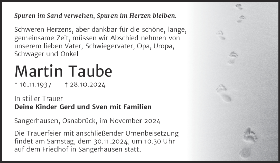 Traueranzeige von Martin Taube von Trauerkombi Sangerhausen