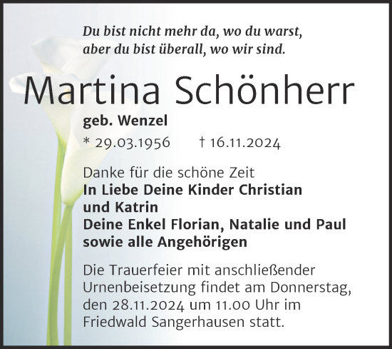 Traueranzeige von Martina Schönherr von Trauerkombi Sangerhausen