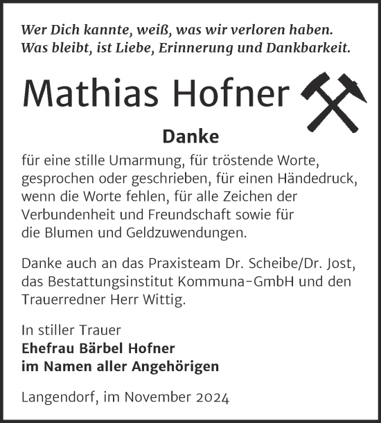 Traueranzeige von Mathias Hofner von Trauerkombi Zeitz