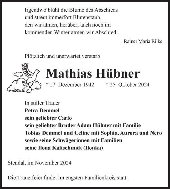 Traueranzeige von Mathias Hübner von Volksstimme Altmark Ost