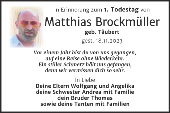 Traueranzeige von Matthias Brockmüller von Trauerkombi Aschersleben