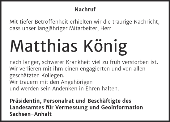 Traueranzeige von Matthias König von Mitteldeutsche Zeitung Mansfelder Land