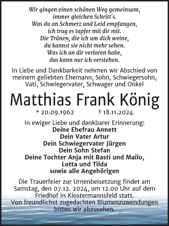Traueranzeige von Matthias Frank König von Trauerkombi Mansfelder Land