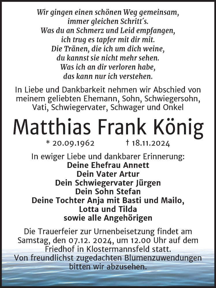  Traueranzeige für Matthias Frank König vom 29.11.2024 aus Trauerkombi Mansfelder Land