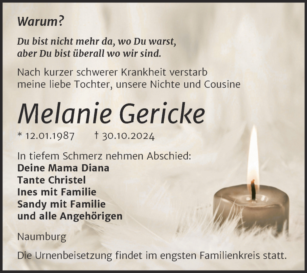  Traueranzeige für Melanie Gericke vom 09.11.2024 aus Super Sonntag Naumburg/Nebra