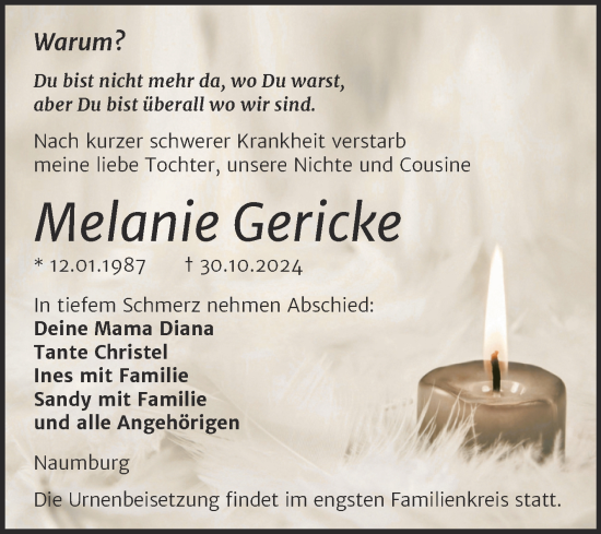 Traueranzeige von Melanie Gericke von Super Sonntag Naumburg/Nebra