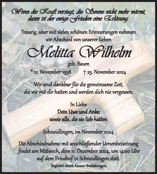 Traueranzeige von Melitta Wilhelm 