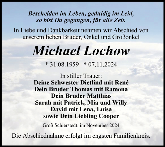Traueranzeige von Michael Lochow von Trauerkombi Aschersleben