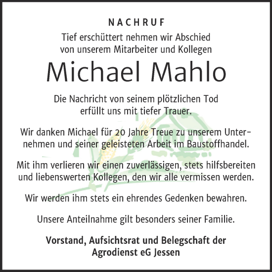 Traueranzeige von Michael Mahlo von Super Sonntag Wittenberg