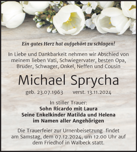 Traueranzeige von Michael Sprycha von Trauerkombi Mansfelder Land