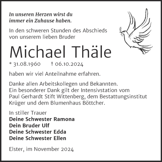 Traueranzeige von Michael Thäle von Trauerkombi Wittenberg