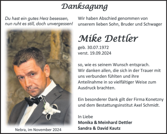 Traueranzeige von Mike Dettler von Super Sonntag Naumburg/Nebra