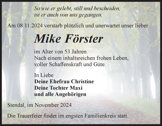 Traueranzeige von Mike Förster von Volksstimme Altmark Ost