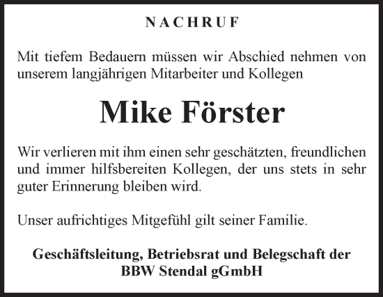 Traueranzeige von Mike Förster 