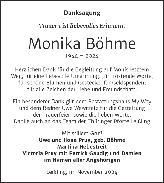 Traueranzeige von Monika Böhme von Trauerkombi Weißenfels
