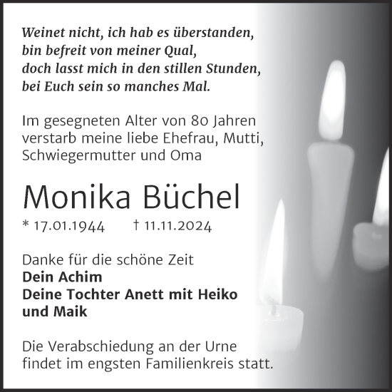 Traueranzeige von Monika Büchel von Trauerkombi Sangerhausen