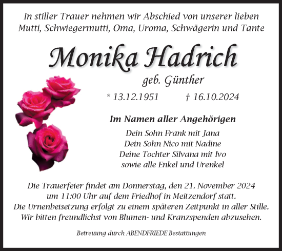 Traueranzeige von Monika Hadrich von Volksstimme Haldensleben/Wolmirstedt