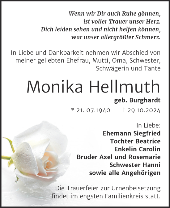 Traueranzeige von Monika Hellmuth von Trauerkombi Mansfelder Land
