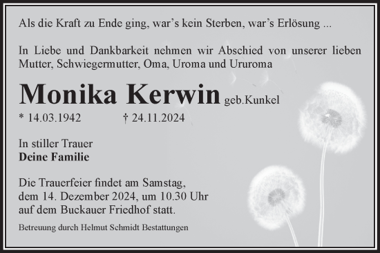 Traueranzeige von Monika Kerwin von Volksstimme Magdeburg