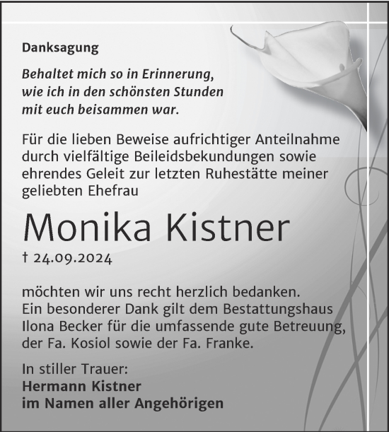 Traueranzeige von Monika Kistner von Trauerkombi Sangerhausen