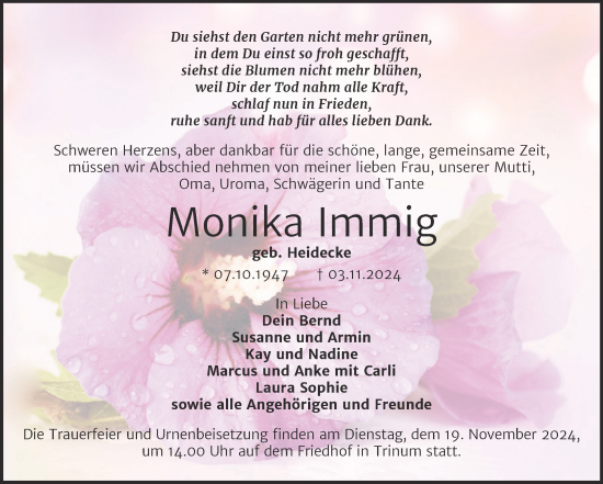 Traueranzeige von Monika lmmig von Trauerkombi Köthen
