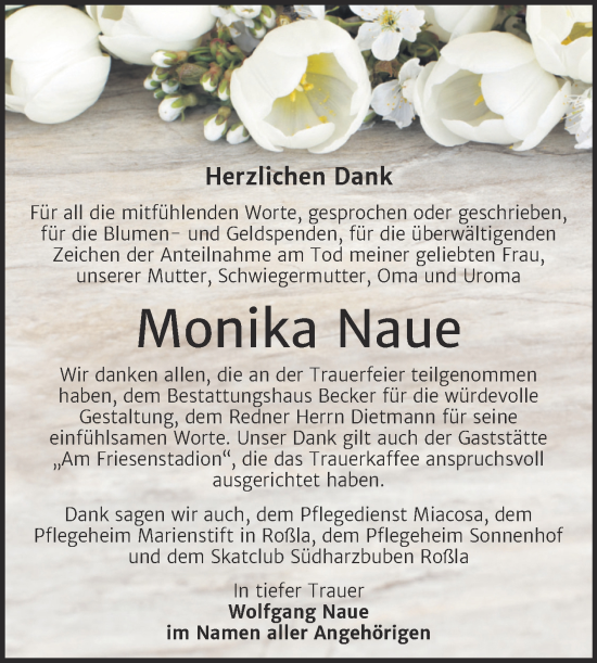 Traueranzeige von Monika Naue von Trauerkombi Sangerhausen