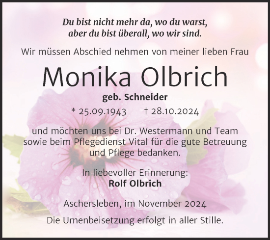 Traueranzeige von Monika Olbrich von Trauerkombi Aschersleben