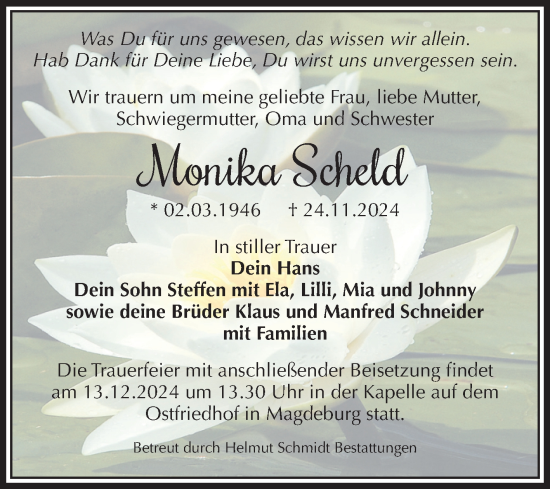 Traueranzeige von Monika Scheld von Volksstimme Magdeburg