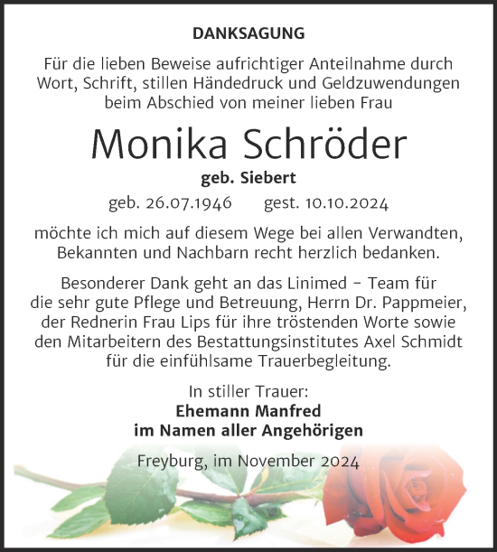 Traueranzeige von Monika Schröder von Super Sonntag Naumburg/Nebra