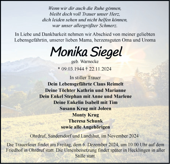 Traueranzeige von Monika Siegel von Volksstimme Staßfurt