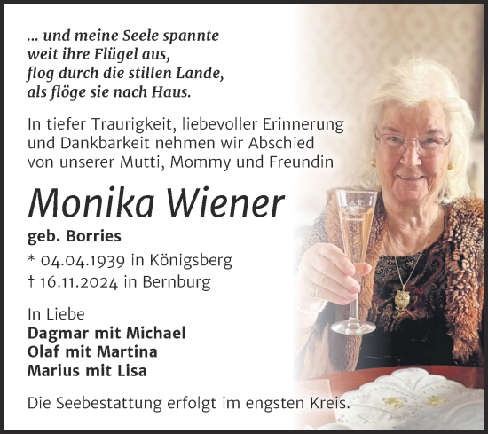 Traueranzeige von Monika Wiener von Trauerkombi Bernburg