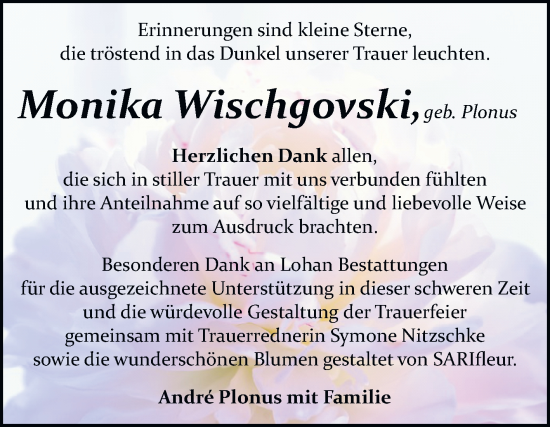 Traueranzeige von Monika Wischgovski von Trauerkombi Bitterfeld