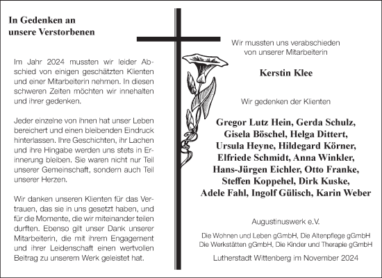 Traueranzeige von Nachruf Augustinuswerk e.V. von Super Sonntag Wittenberg