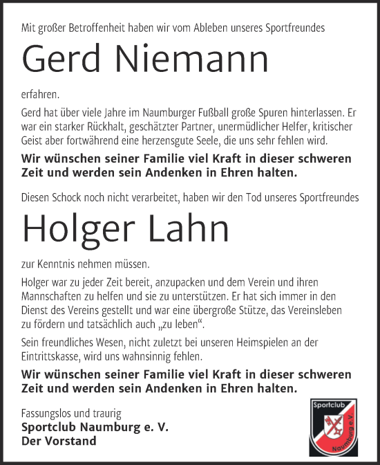 Traueranzeige von Nachruf Sportclub Naumburg e. V. von Naumburger Tageblatt