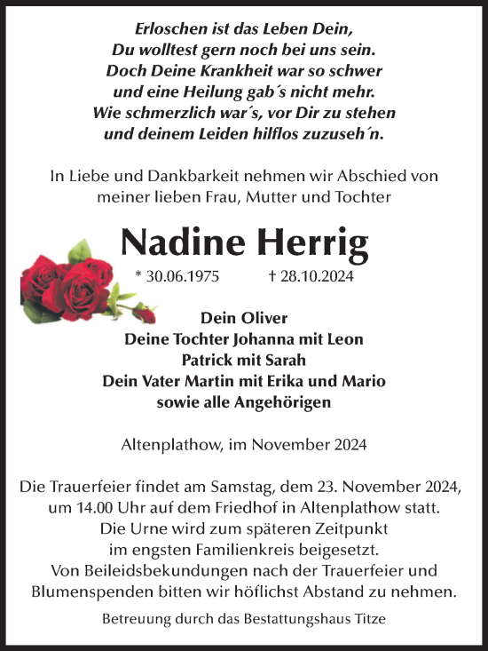 Traueranzeige von Nadine Herrig von Volksstimme Burg/Genthin