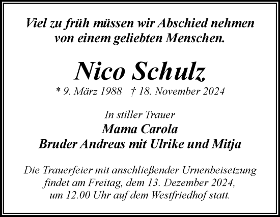 Traueranzeige von Nico Schulz von Volksstimme Magdeburg