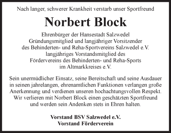 Traueranzeige von Norbert Block von Volksstimme Altmark West