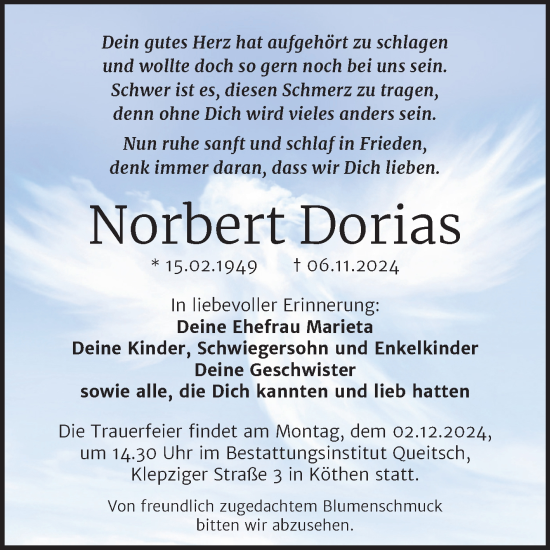 Traueranzeige von Norbert Dorias von Trauerkombi Köthen