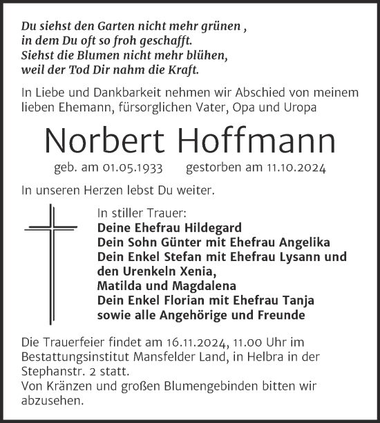 Traueranzeige von Norbert Hoffmann von Trauerkombi Mansfelder Land