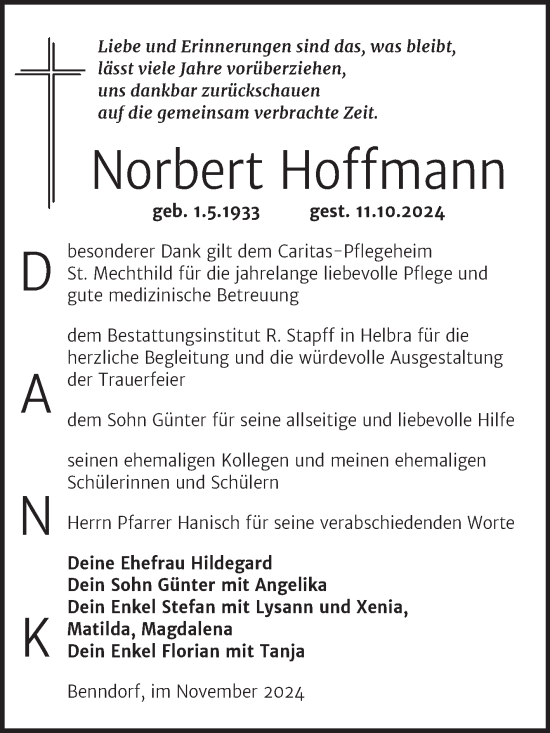 Traueranzeige von Norbert Hoffmann von Trauerkombi Mansfelder Land