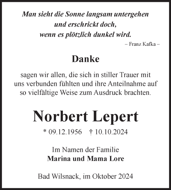 Traueranzeige von Norbert Lepert von Volksstimme Altmark Ost