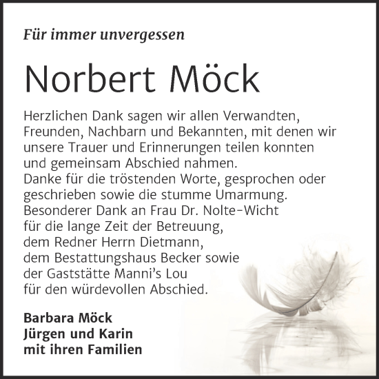 Traueranzeige von Norbert Möck von Trauerkombi Sangerhausen