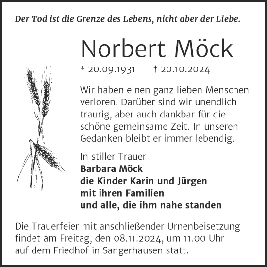 Traueranzeige von Norbert Möck von Trauerkombi Sangerhausen