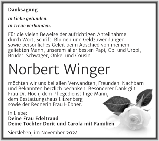 Traueranzeige von Norbert Winger von Trauerkombi Mansfelder Land