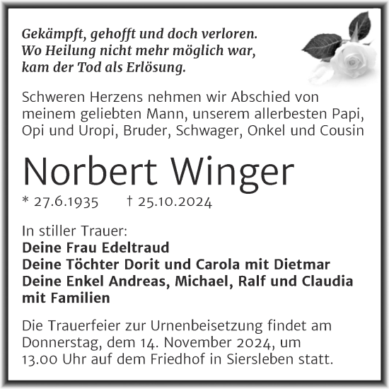 Traueranzeige von Norbert Winger von Trauerkombi Mansfelder Land