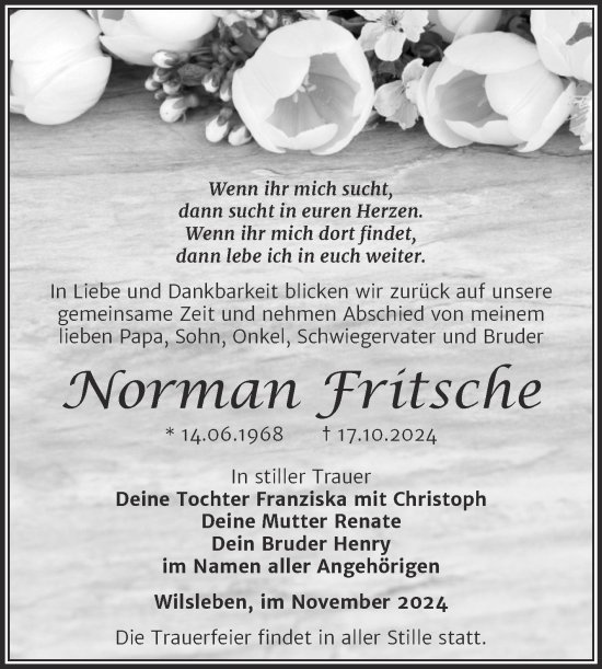 Traueranzeige von Norman Fritsche von Trauerkombi Aschersleben