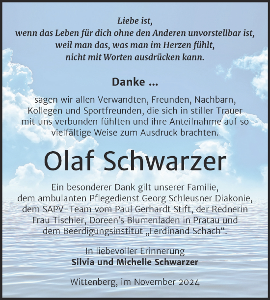 Traueranzeige von Olaf Schwarzer von Trauerkombi Wittenberg