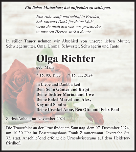 Traueranzeige von Olga Richter von Volksstimme Zerbst